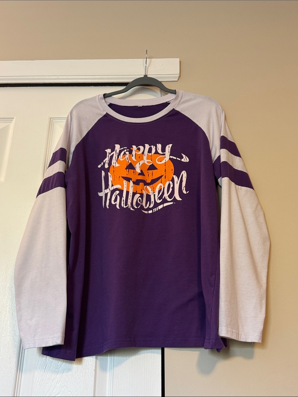 Purple & White Happy Halloween Ling Sleeve T-shirt